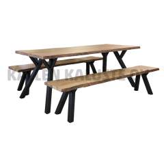 Lana lankkupöytä 90x200 + 2 penkkiä puujaloilla, Antiikki kansi/Musta jalka